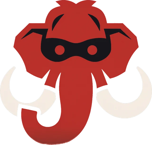 The MUMBOOTH mascot: a red woolly mammoth wearing a black eye mask